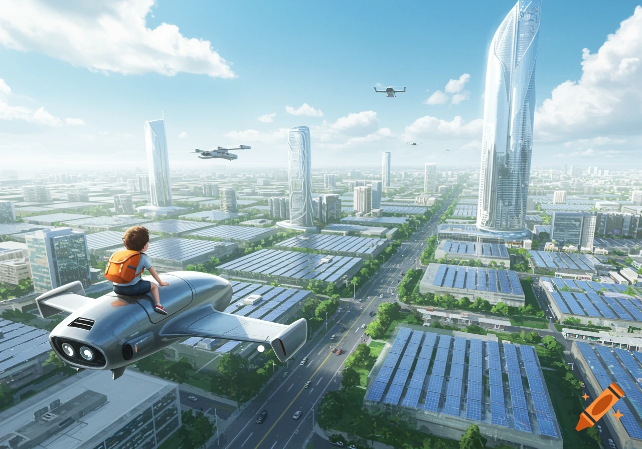 A child with a backpack rides a futuristic flying drone over a city filled with tall skyscrapers and buildings covered in solar panels.