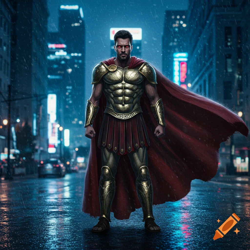 A muscular man in golden Greek armor and a red cape stands in a rainy, neon-lit modern city street.