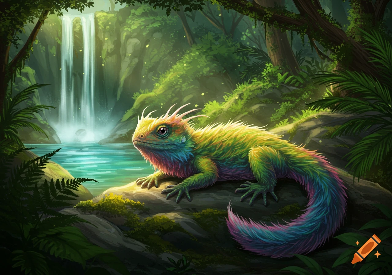 A vibrant, furry, rainbow-colored lizard rests on a rock in a lush jungle with a tall waterfall.