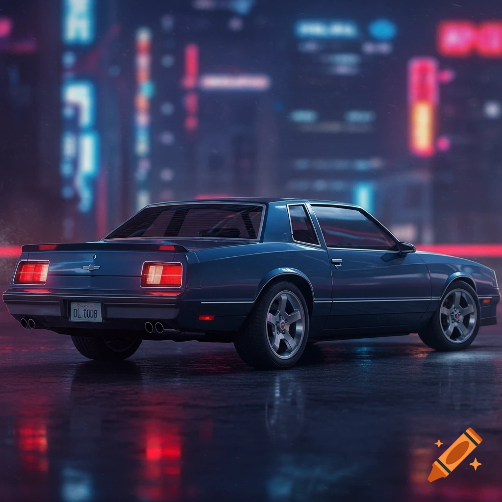 Dark blue classic car on a wet city street at night, illuminated by neon lights.