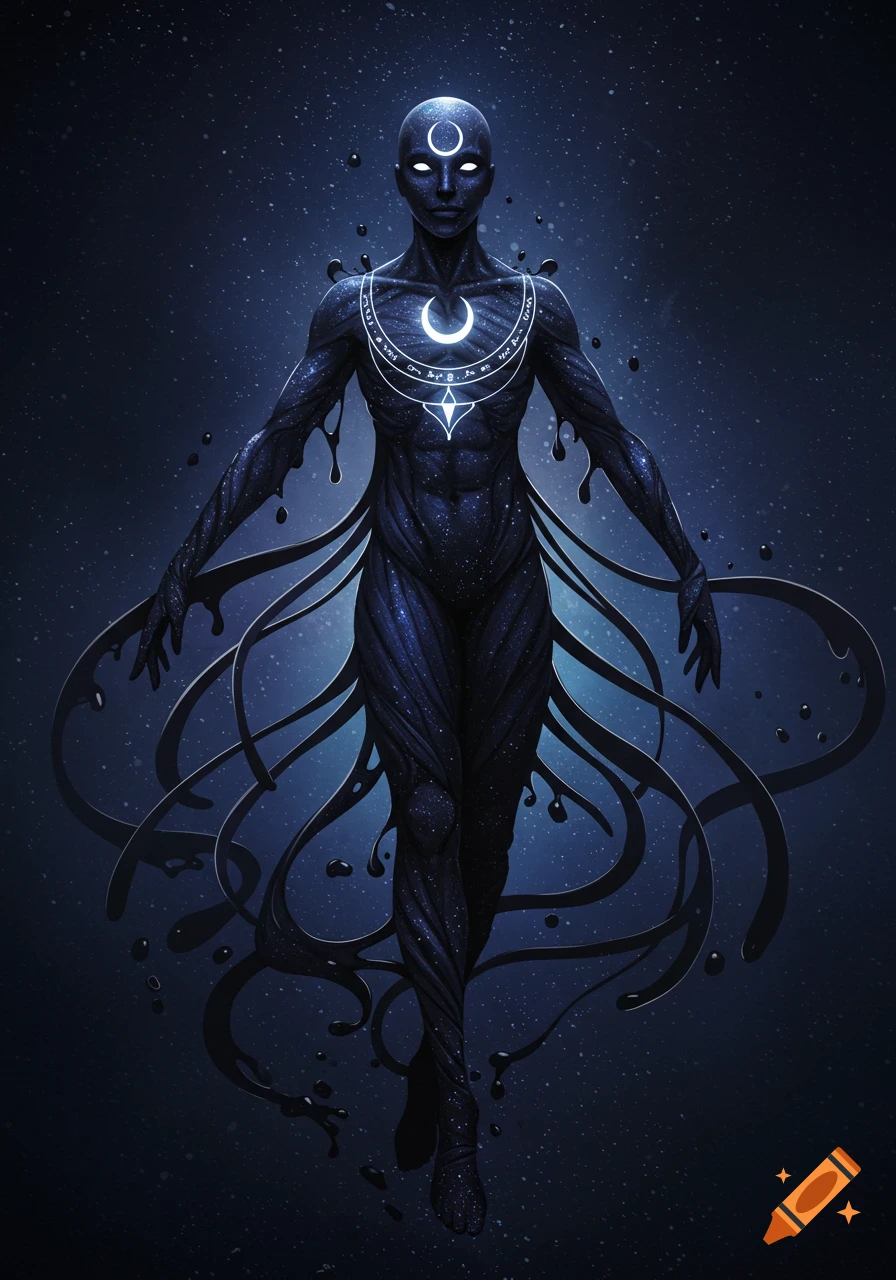 A cosmic humanoid figure with a body like swirling stardust and dark liquid tendrils, glowing crescent moon on its head and chest, against a starry dark blue background.