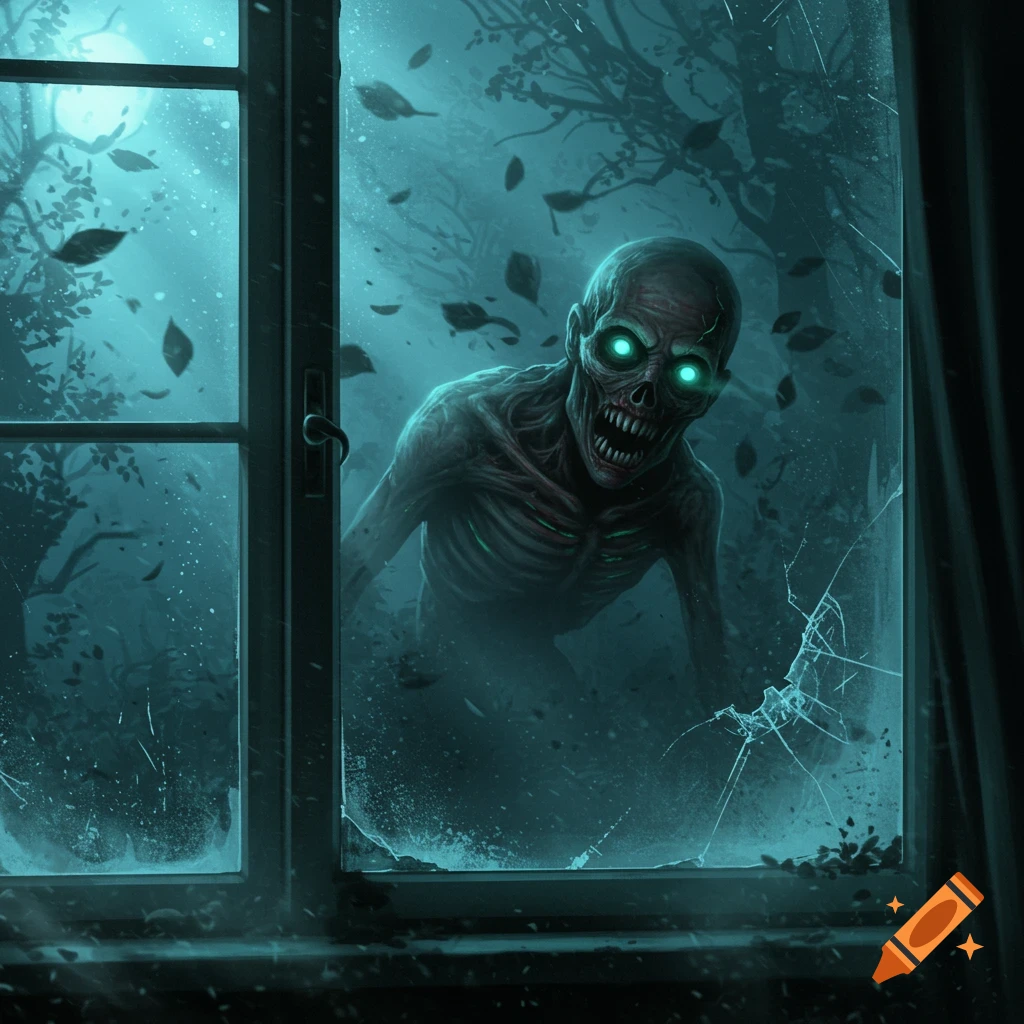 A creepy skeletal creature with glowing eyes looks menacingly through a shattered window on a dark, moonlit night.