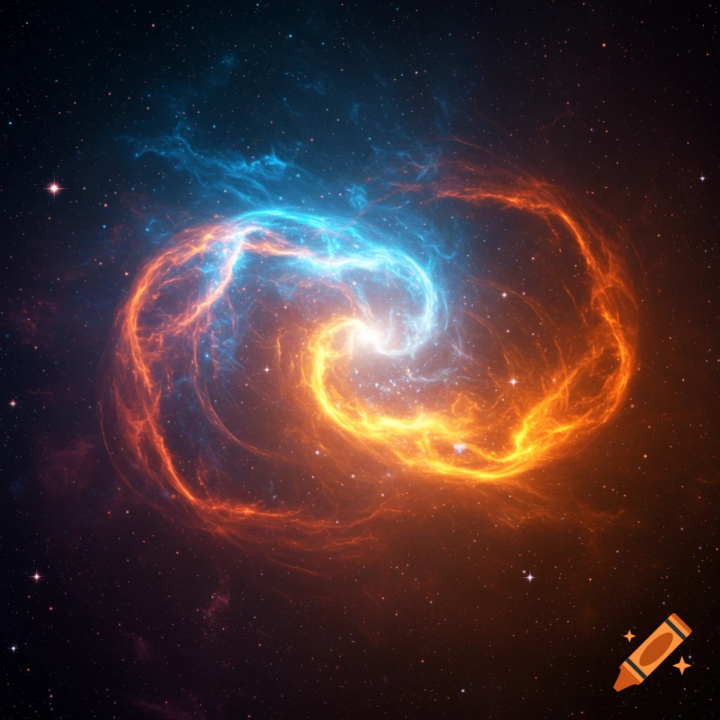 A vibrant swirling nebula of bright orange and blue gas with glowing stars against a dark starry cosmic background.