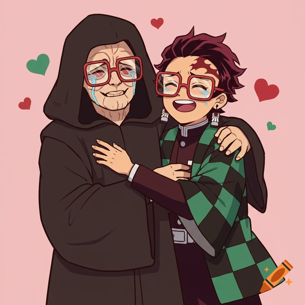 Cartoon of Emperor Palpatine and Tanjiro Kamado in square glasses hugging with happy tears and hearts in the background.