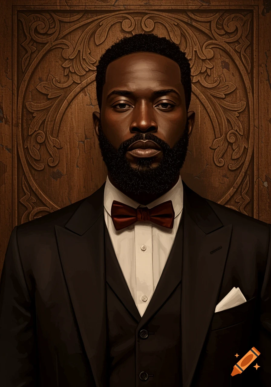A detailed portrait of a bearded Black man in a black suit and red bow tie against an ornate wooden background.