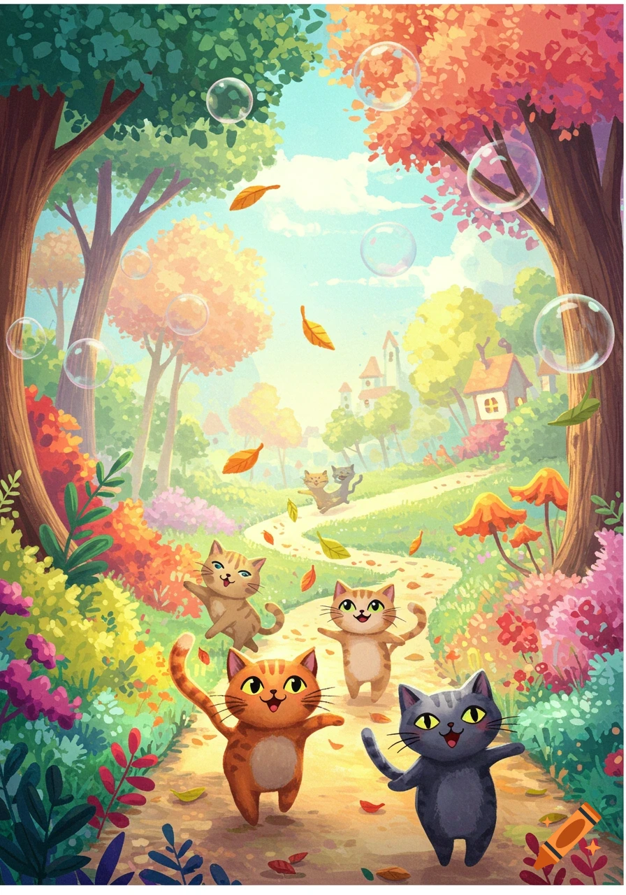 Several cartoon cats walk gleefully on a winding path through a vibrant, colorful forest with bubbles and a village in the background.
