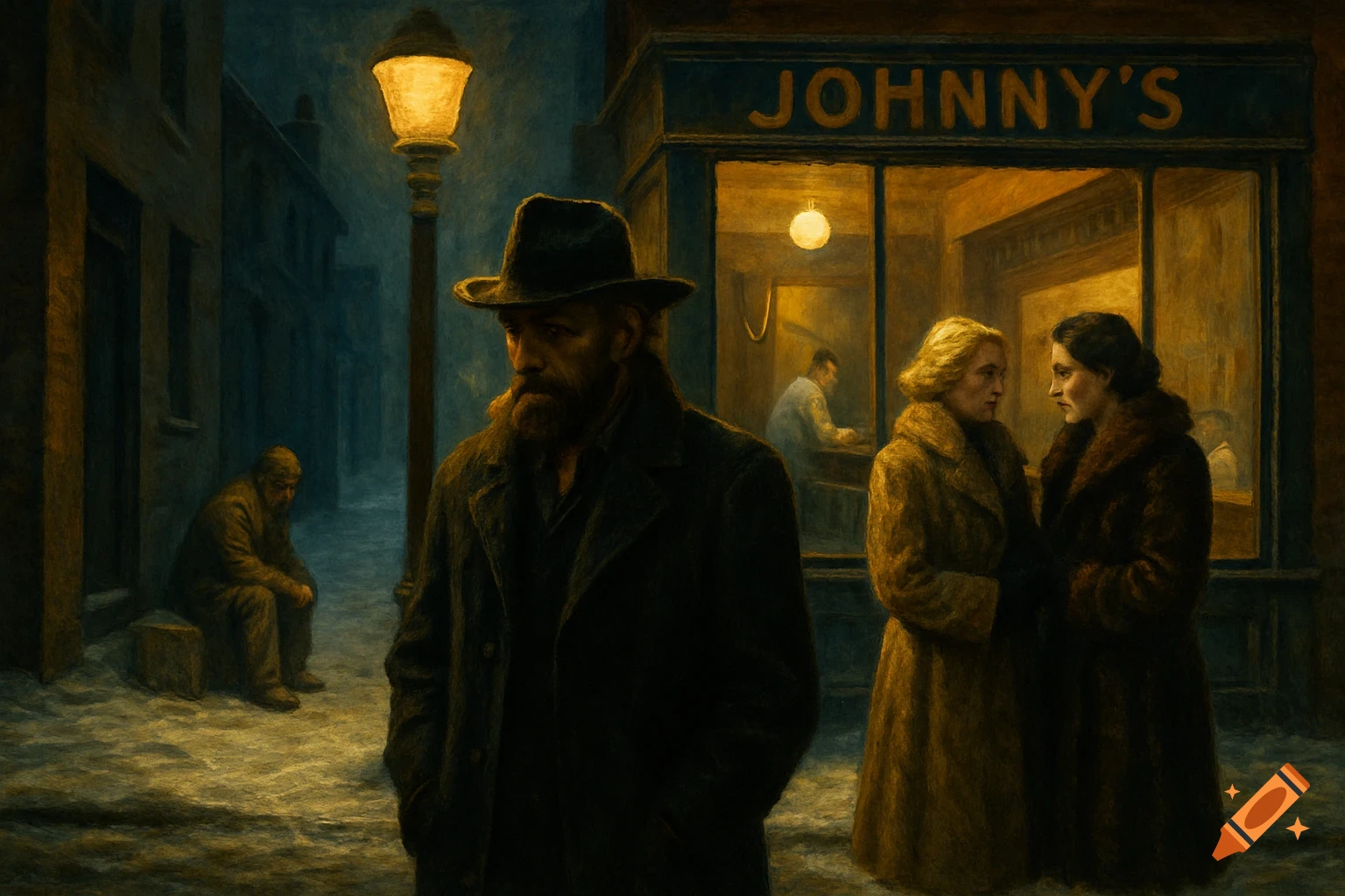 An Edward Hopper-style oil painting of a man under a street lamp and two women outside Johnny's bar on a snowy night.
