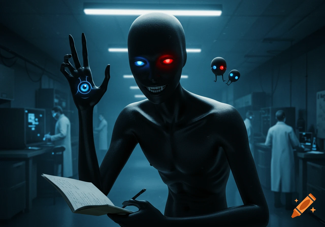 A gaunt, dark-skinned creature with glowing red and blue eyes and sharp teeth holds an open book and pen in a dimly lit laboratory. Its hand has a glowing blue eye symbol, and two small, floating, eye-like creatures hover nearby.