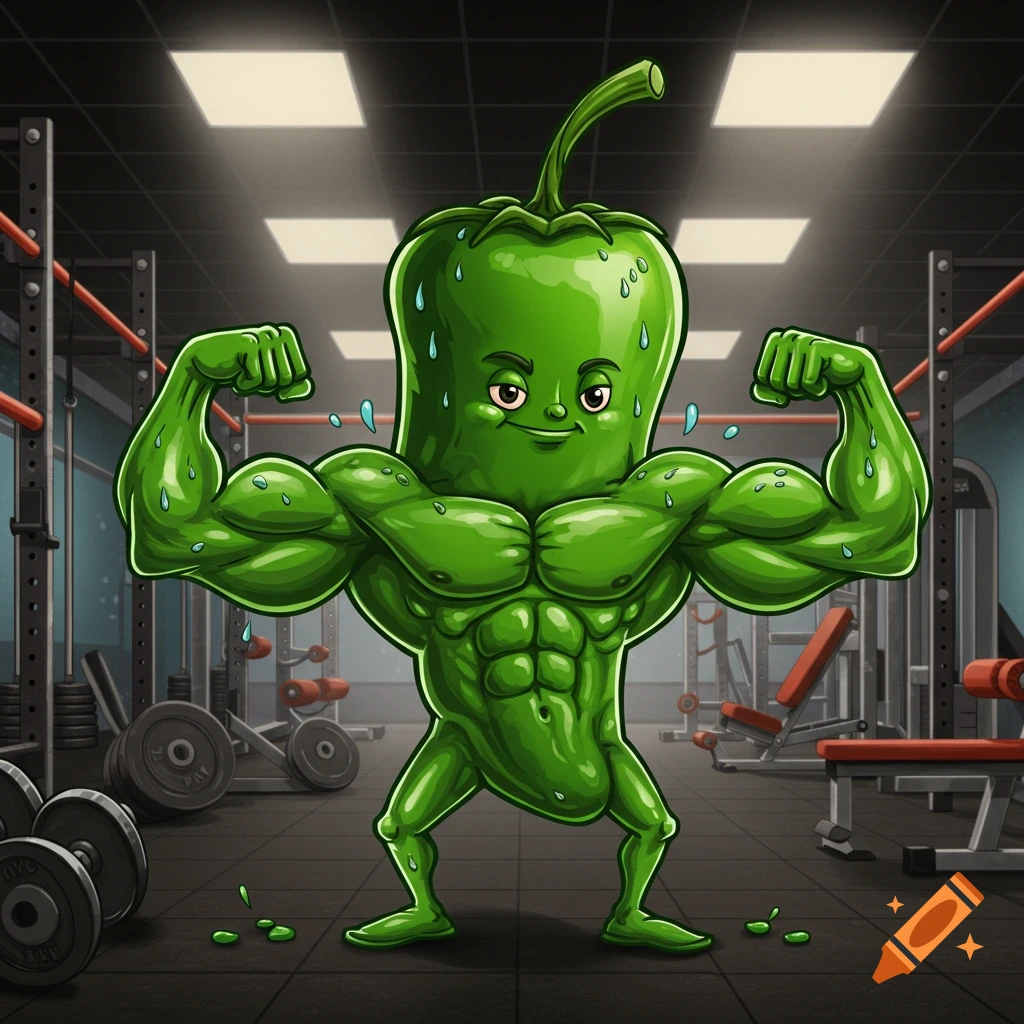 A cartoon green jalapeno pepper with large muscles flexes its biceps in a gym with weights and exercise equipment.