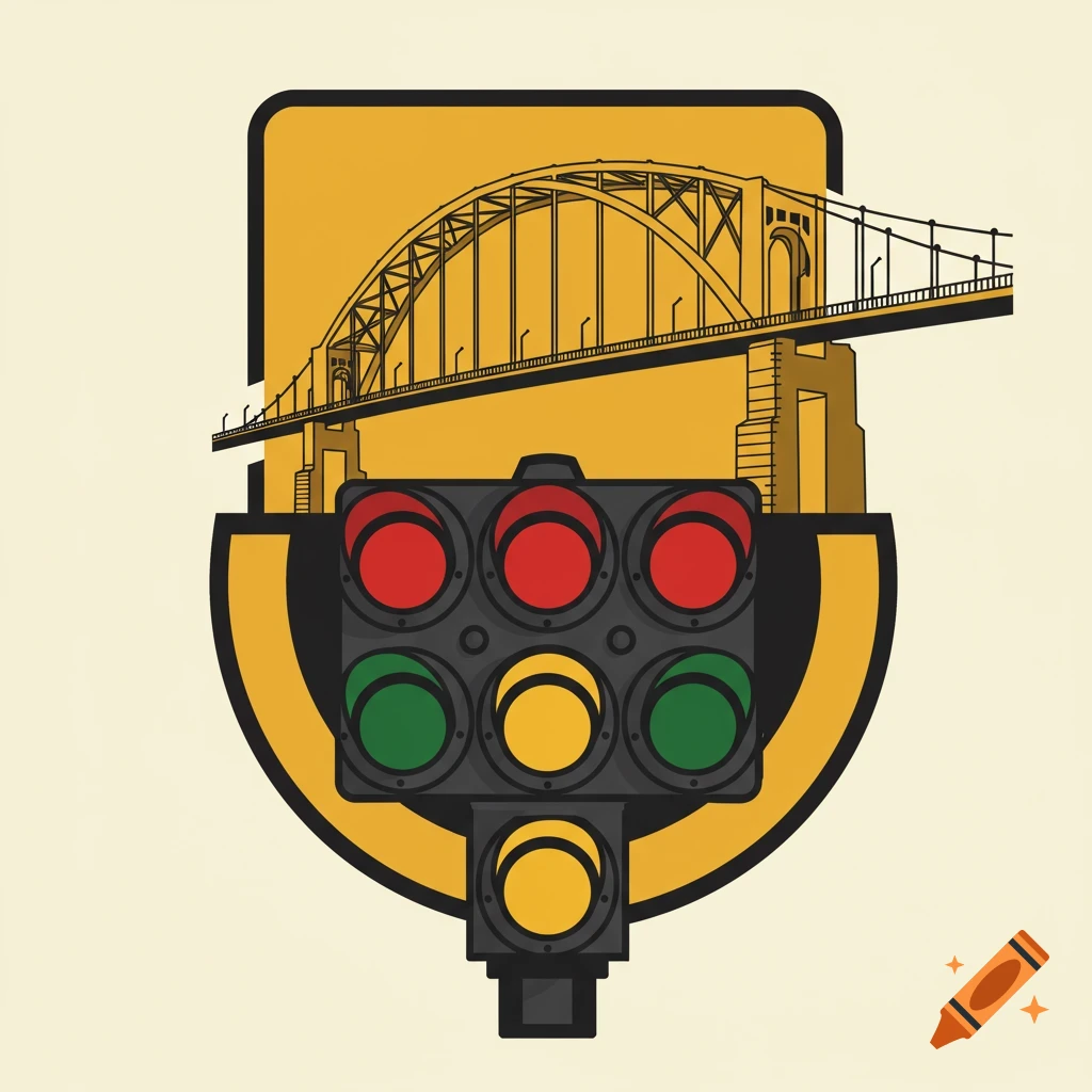 Vector logo of a bridge above a multi-light traffic signal on a yellow background.