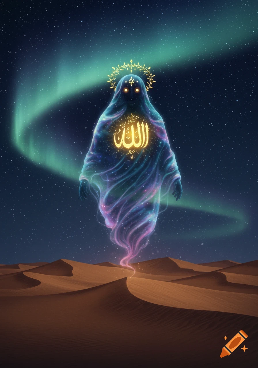 A mystical, cloaked figure with glowing eyes and the word 'Allah' on its chest floats above sand dunes under a starry night sky with an aurora borealis.