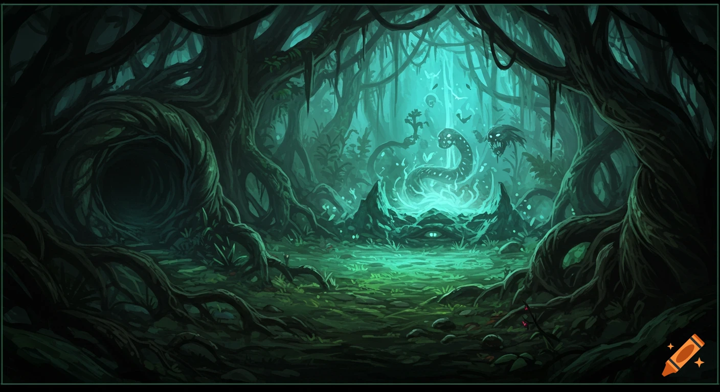 A dark, eerie forest scene with twisted trees and glowing roots. A glowing, many-eyed serpent made of mist and bone emerges from a pulsating crater in the center.
