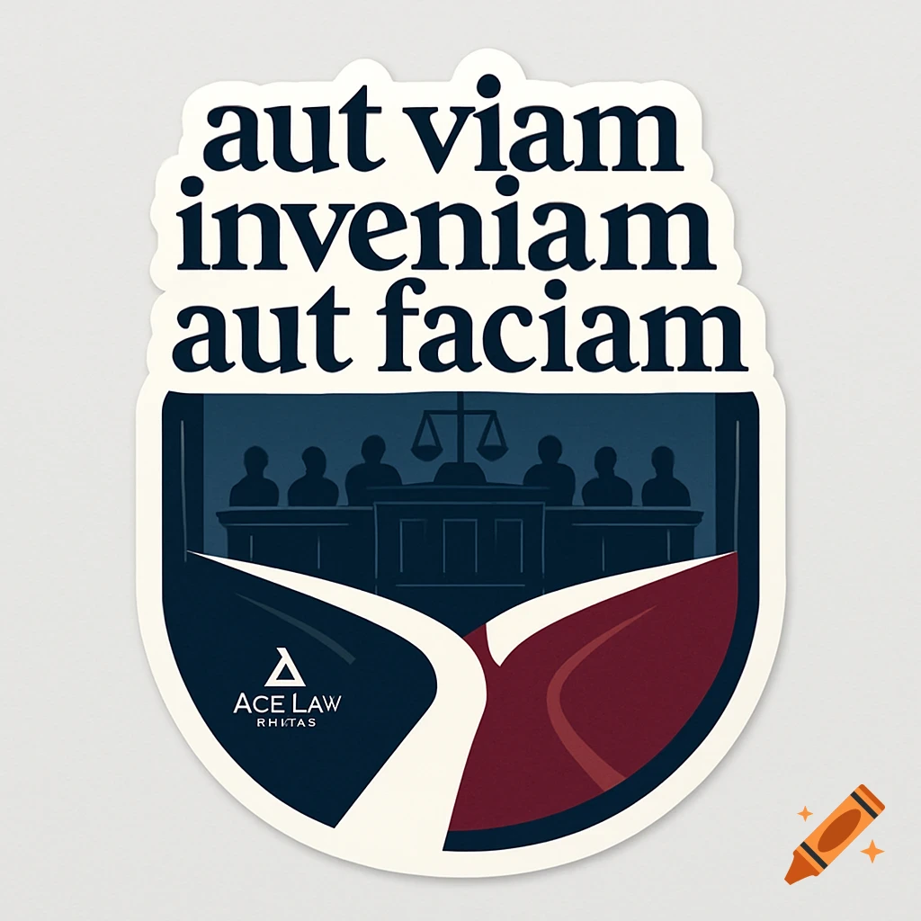A sticker design featuring a dark blue courtroom illustration with a judge and scales of justice, above a white path splitting into two. The sticker has the Latin phrase "aut viam inveniam aut faciam" in bold dark blue text at the top and "ACE LAW RHITAS" at the bottom.