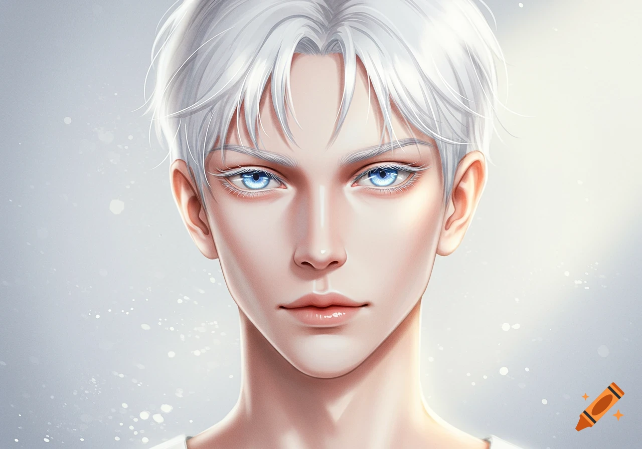 Close-up portrait of a young man with white hair and sharp blue eyes, in a semi-anime style.