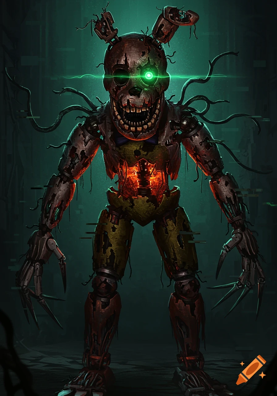 A terrifying, broken animatronic with a half-skull face, one glowing green eye, and exposed wires, in a dark horror style.