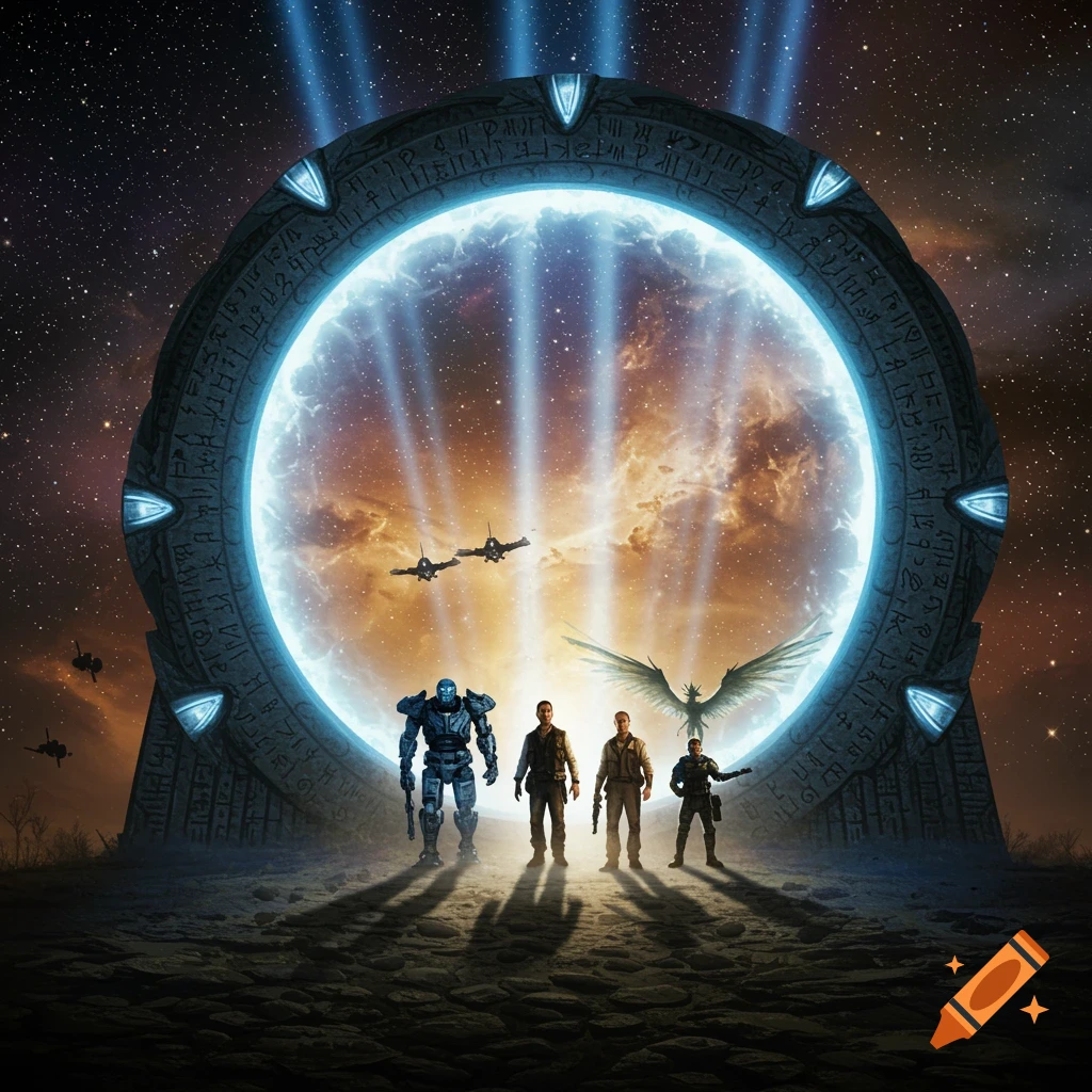 A group of people and a robot stand before a glowing blue Stargate portal under a starry sky, with spaceships and a winged creature in the background.