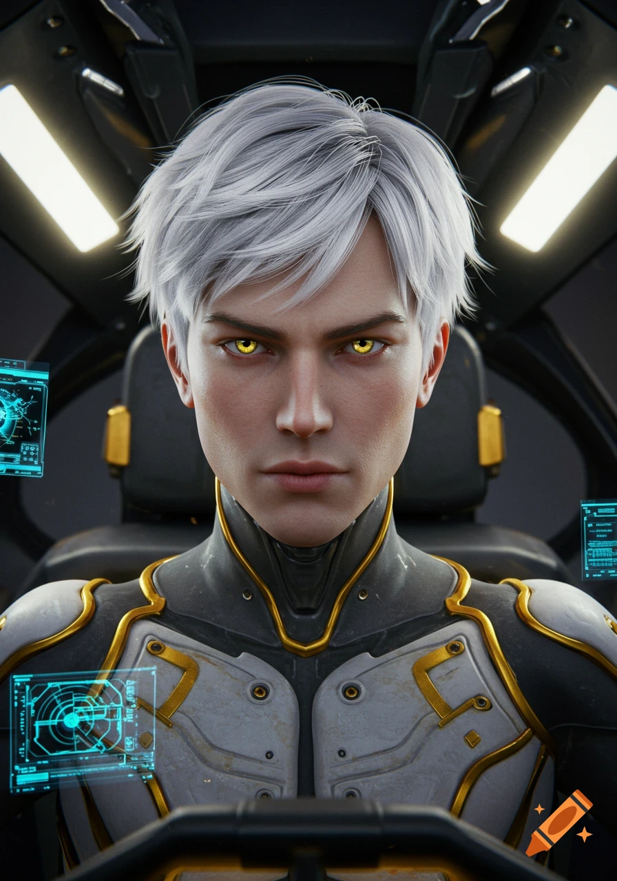A photorealistic portrait of a white-haired, yellow-eyed male mecha pilot in a futuristic suit, with holographic screens.