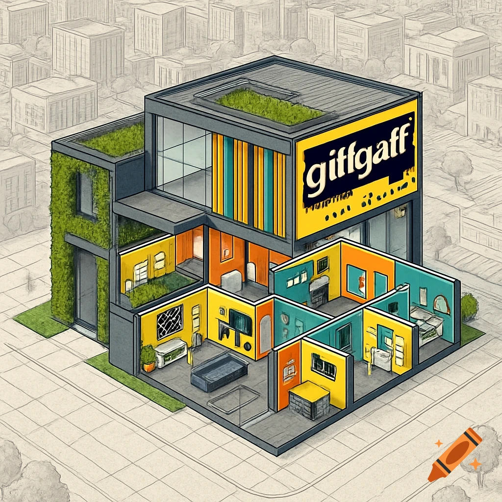 An isometric blueprint of a modern giffgaff-branded building with a green roof, living wall, and visible interior rooms, set in a sketched city.