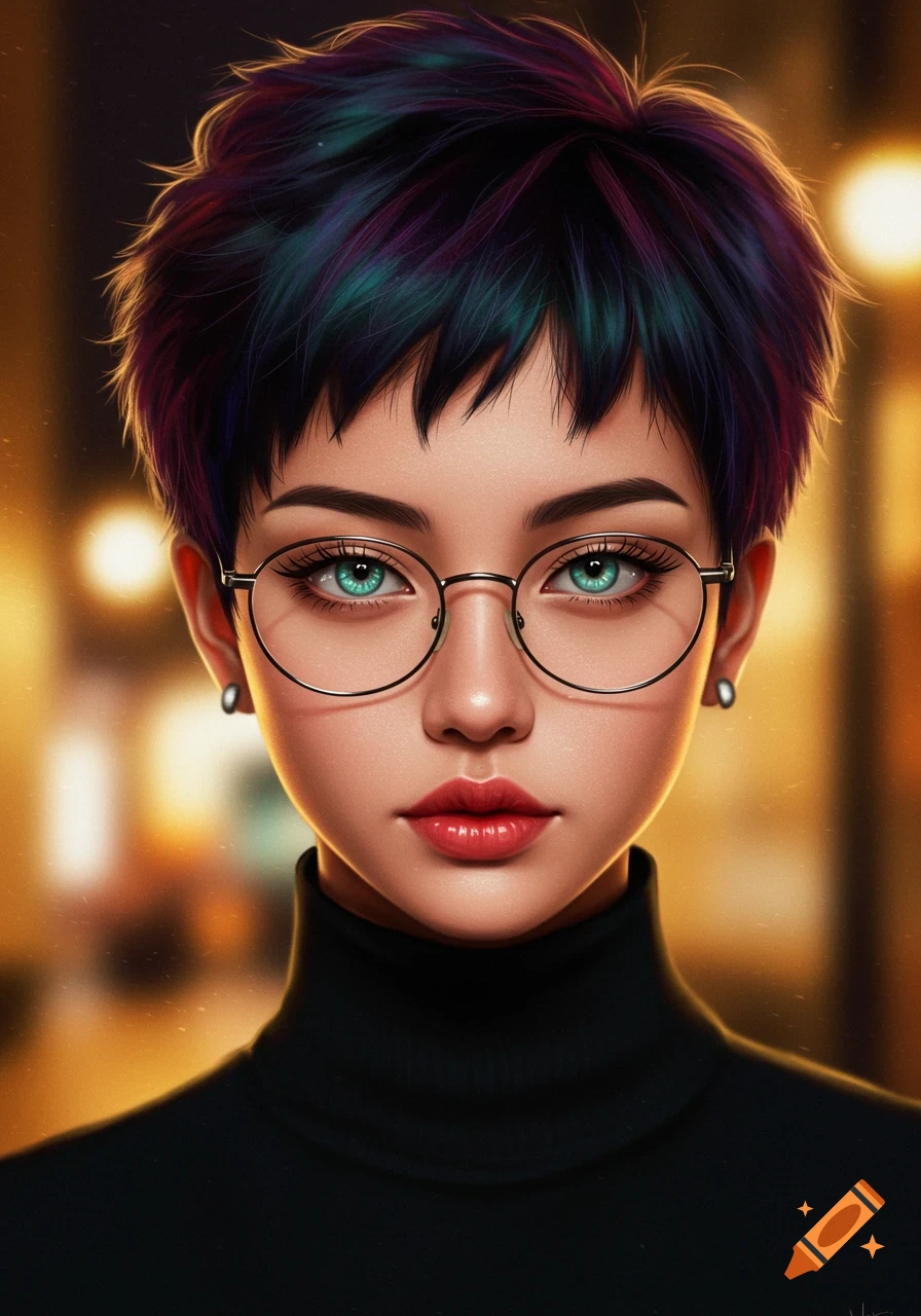 Stylized digital portrait of a young woman with short, multi-colored hair, large teal eyes, round glasses, and a black turtleneck.