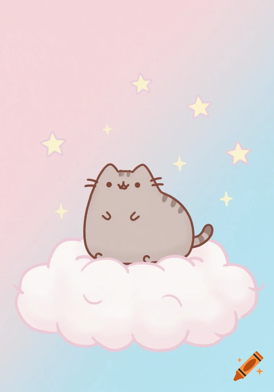 A cute cartoon cat sits on a white cloud in a pink and blue sky with yellow stars.