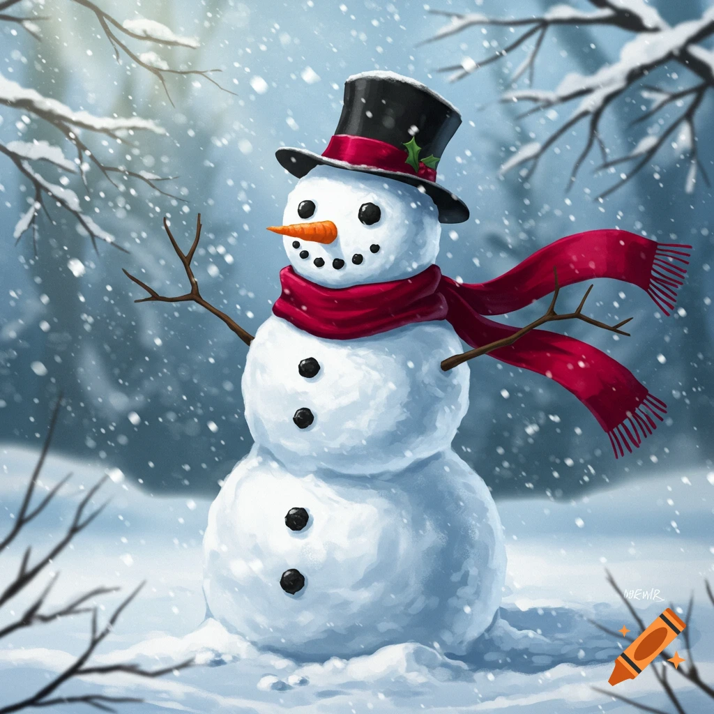 A cheerful snowman wearing a red scarf and black top hat stands in a snowy forest during a snowfall.
