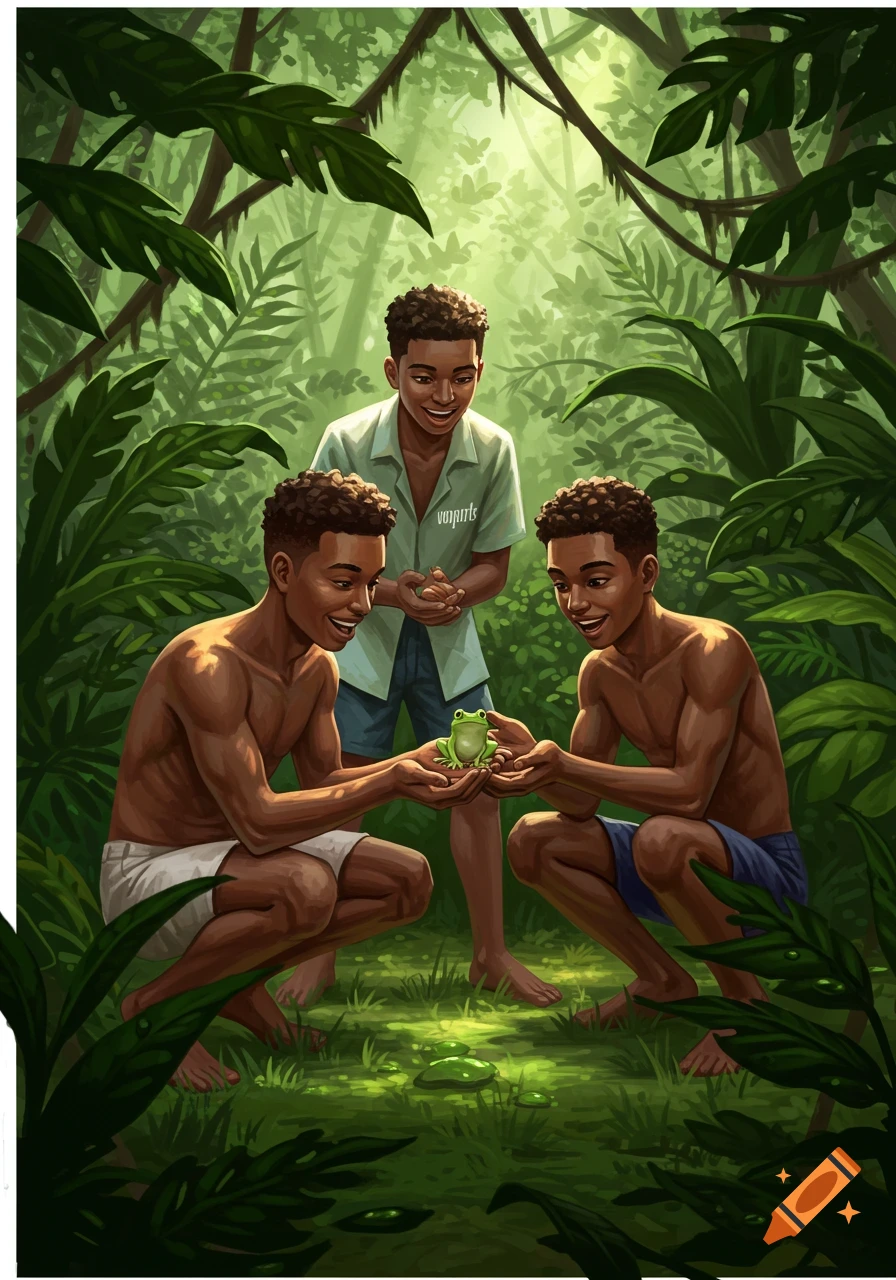 Three young men in a lush jungle, two crouching to admire a green frog held in their hands, while another stands smiling behind them. Illustrated style.