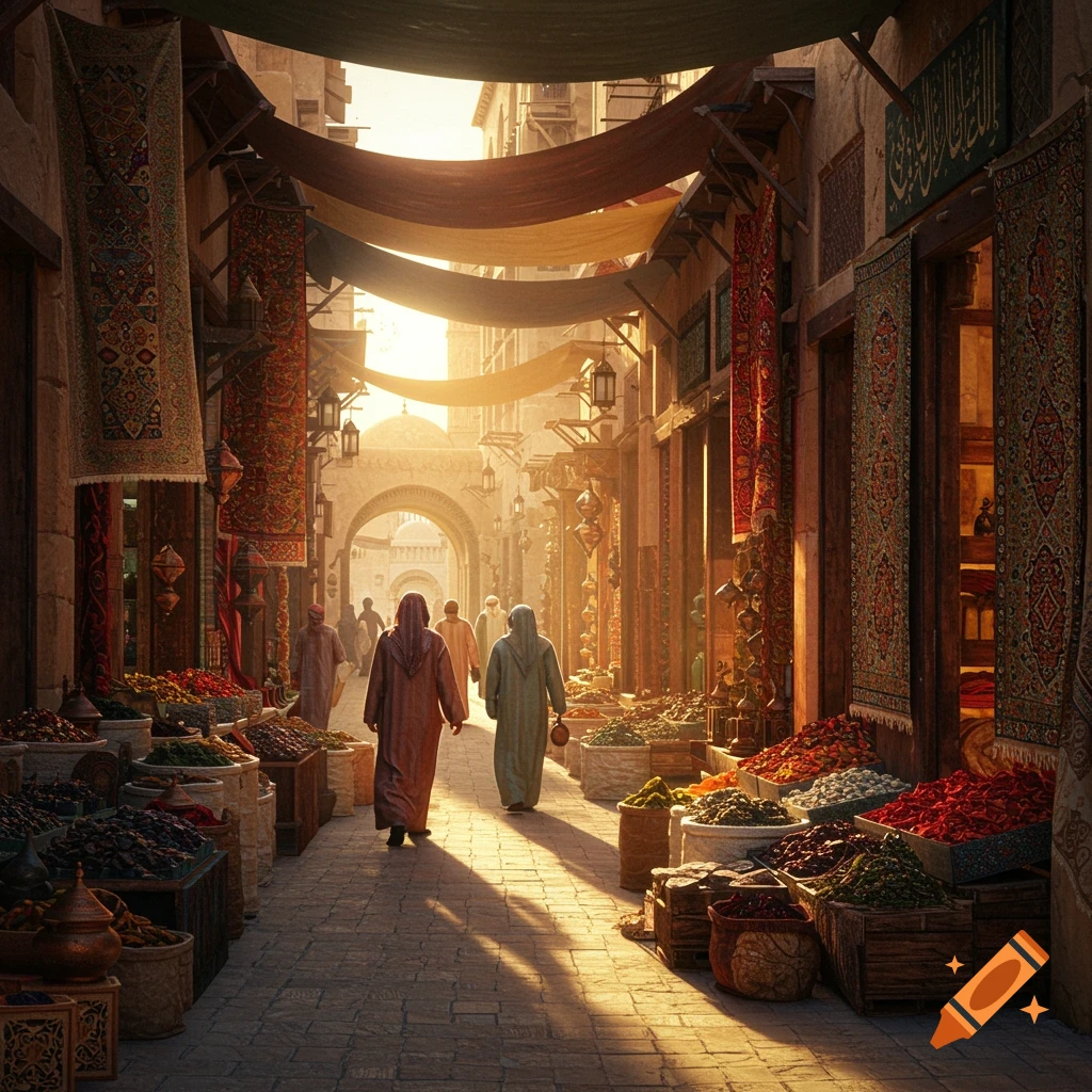 A vibrant market street at sunset, with people in traditional attire walking past stalls laden with goods and colorful fabrics hanging overhead.