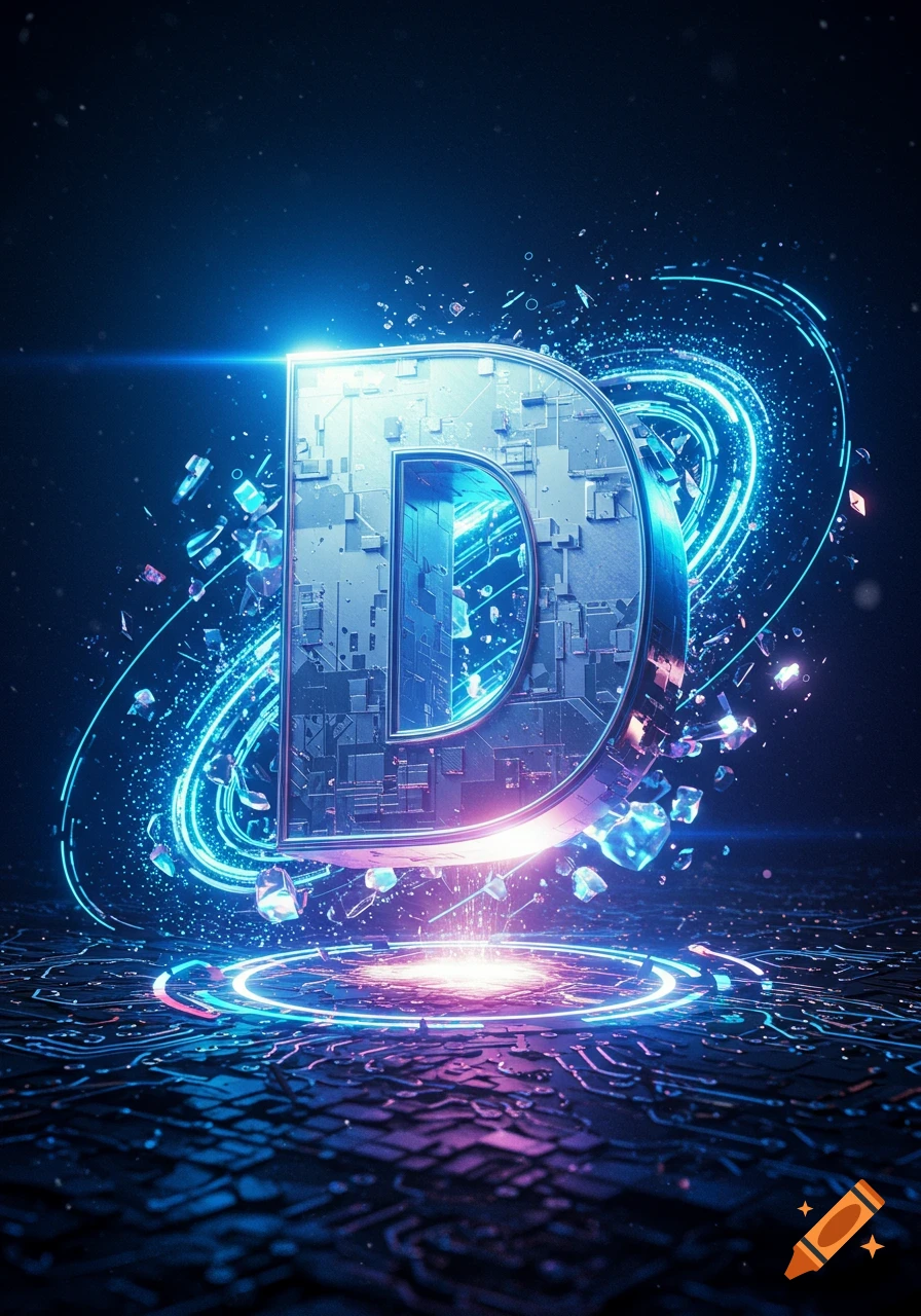 A glowing, futuristic metallic letter D with circuit board textures, surrounded by blue and purple light trails and debris, on a dark circuit board background.