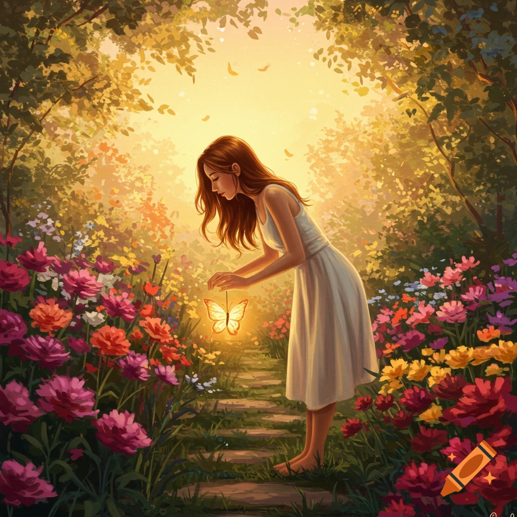 A woman in a white dress leans over a glowing butterfly in a lush, sunlit garden filled with colorful flowers. Illustrated style.