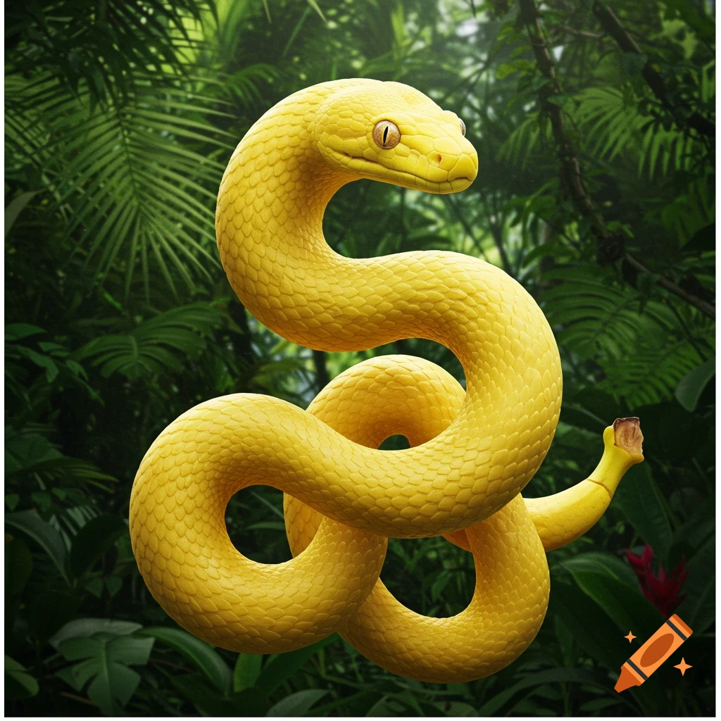 A photorealistic yellow snake with a banana peel tail coiled in a lush green jungle.