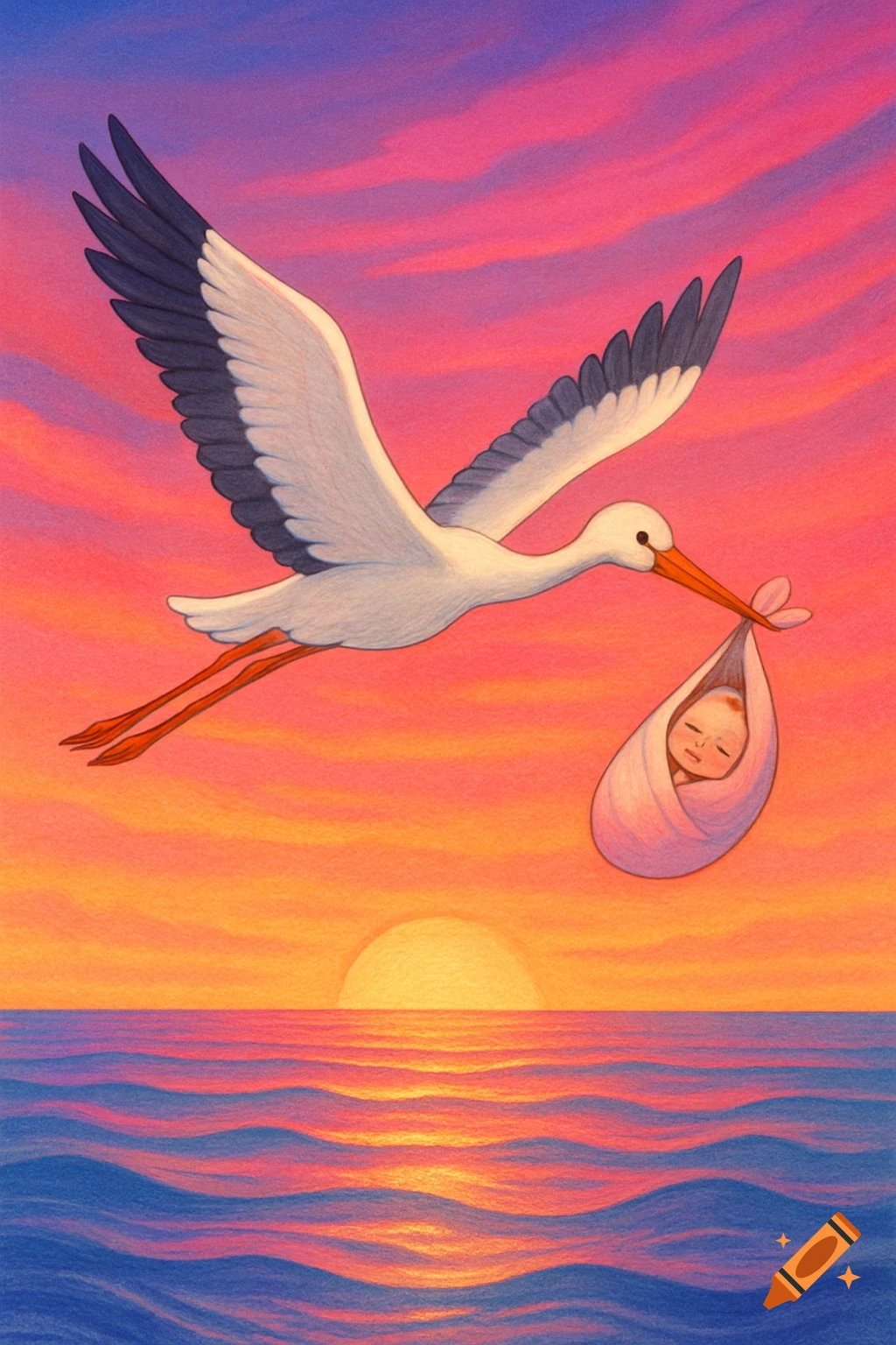 A stork carries a baby in a sling over a vibrant ocean sunset. The sky and water are rendered in shades of pink, fuchsia, yellow, and blue.