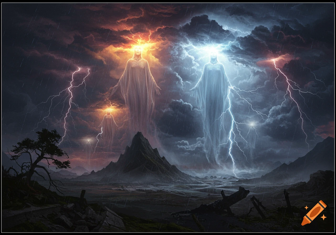 Large glowing figures in a dramatic stormy landscape with lightning.