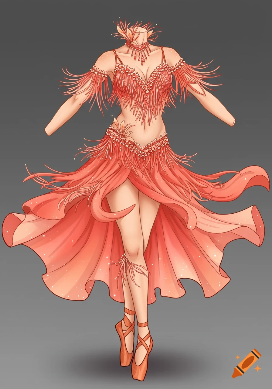 A vibrant coral-colored dance costume adorned with feathers and beads, paired with ballet pointe shoes, rendered in an illustration style.