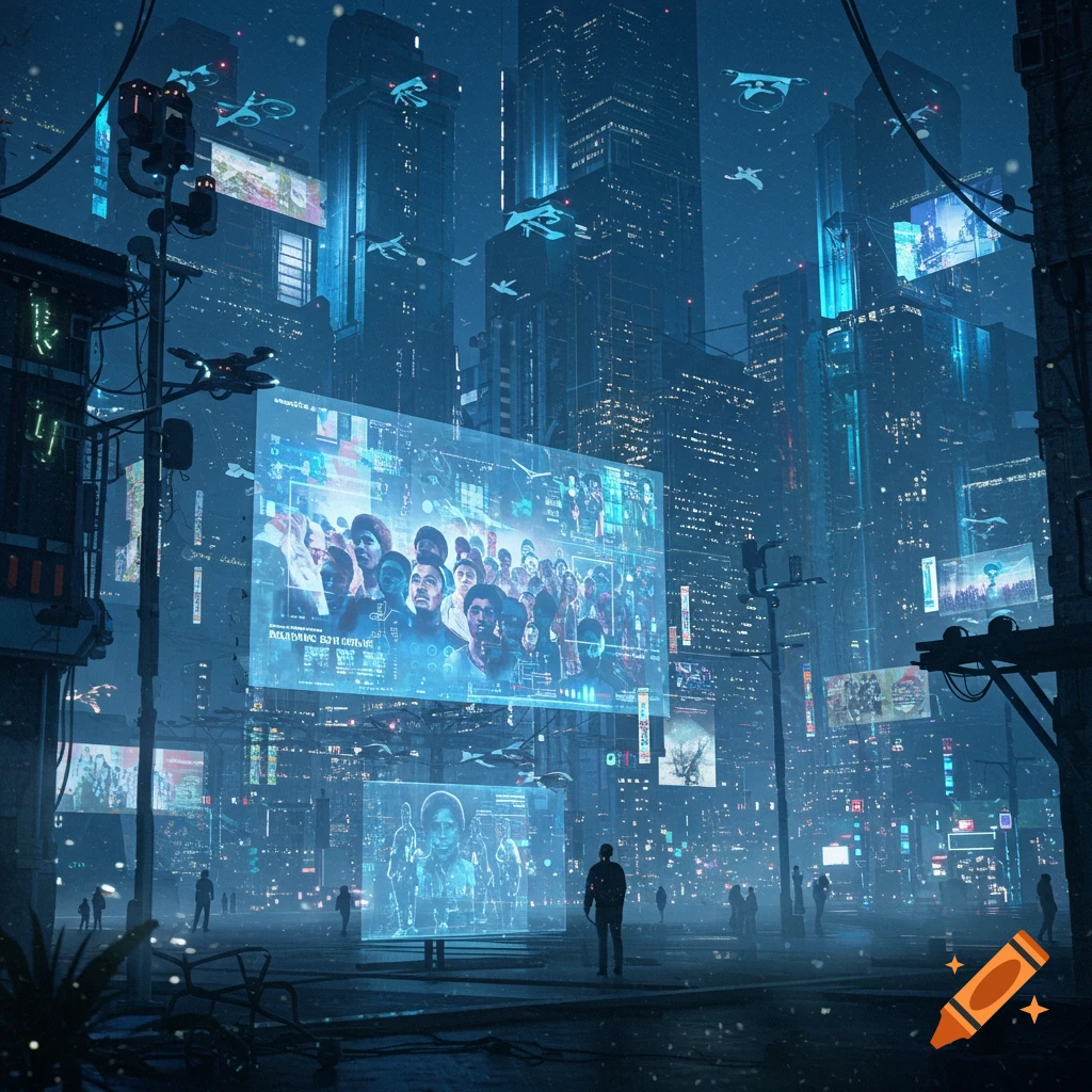 A futuristic cityscape at night, with towering skyscrapers, neon lights, and large holographic displays showing crowds of people and data, with flying vehicles overhead.
