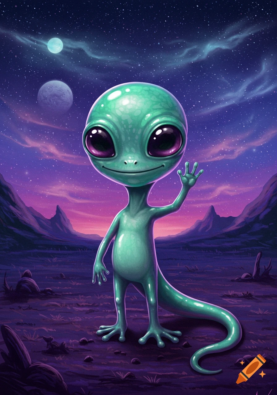 A cute green alien with large purple eyes waves, standing in a vibrant purple alien landscape under a starry sky with two moons.
