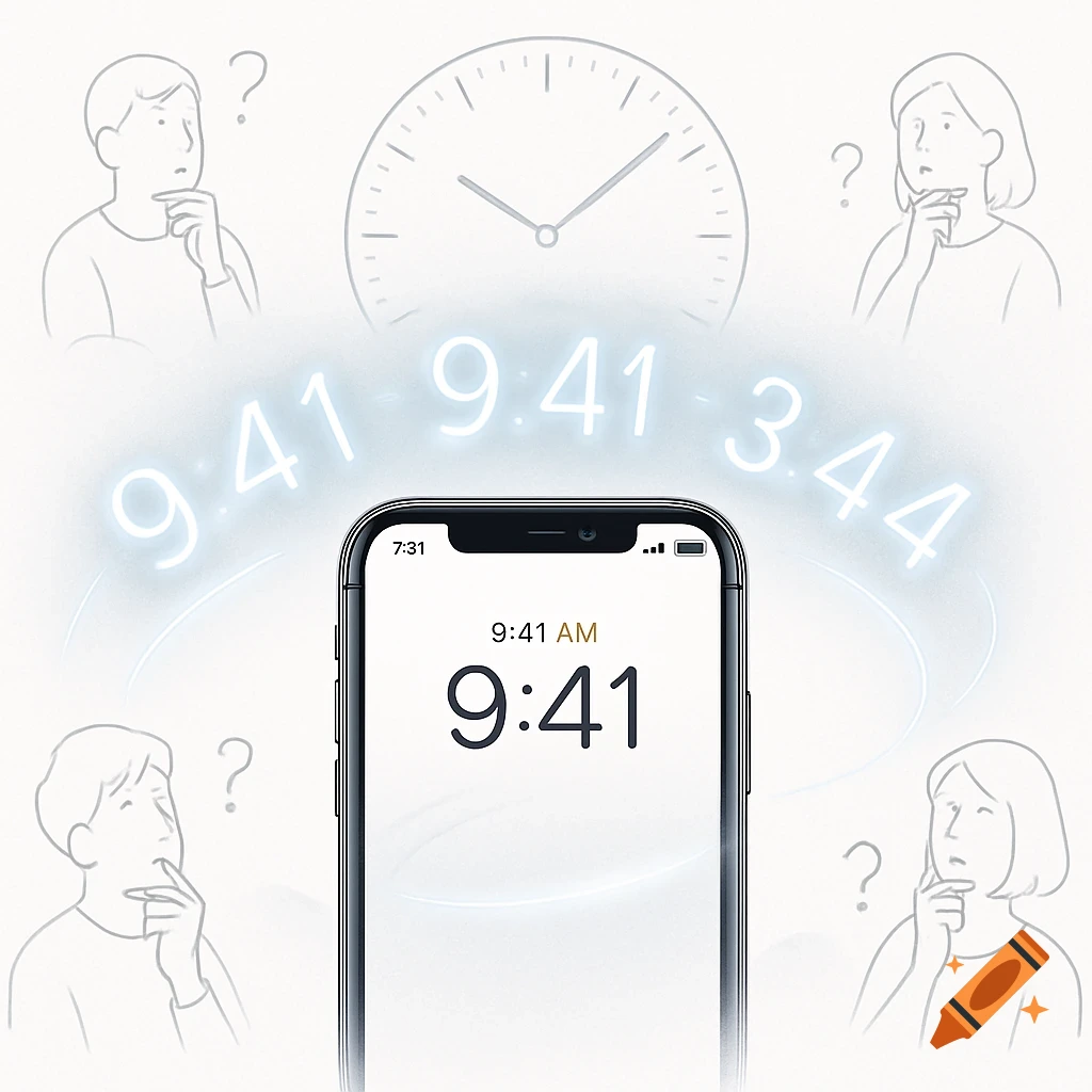 An illustration of an iPhone displaying 9:41 AM, with glowing 9:41 and 3:44 numbers, surrounded by confused line-art figures and a clock outline.
