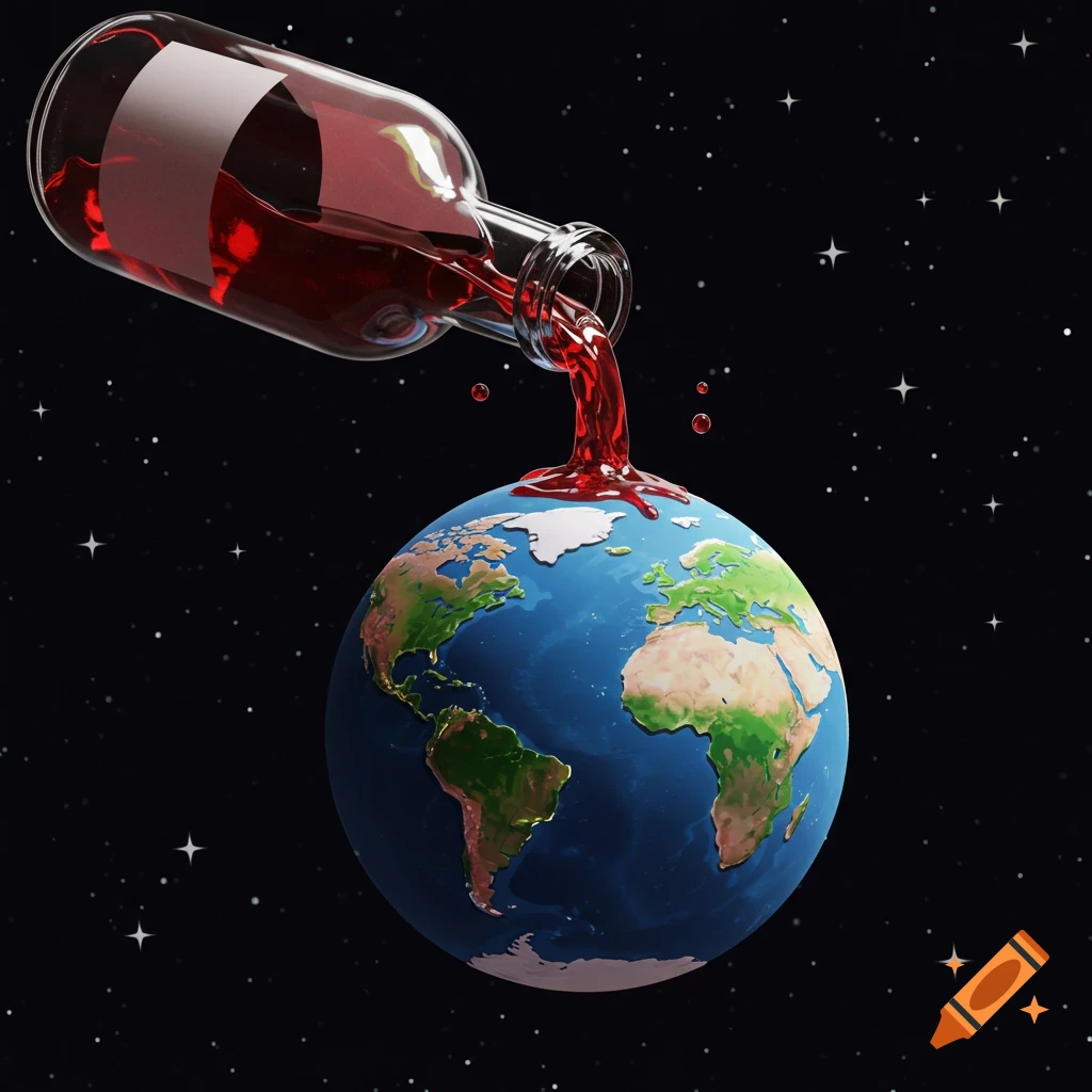 A bottle pours red wine onto a cartoon Earth, set against a starry night sky in space.