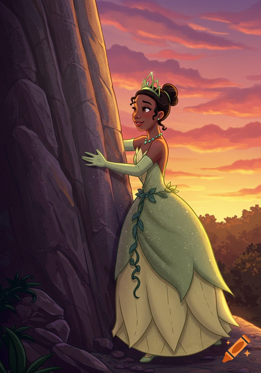 Princess Tiana in a green dress hugging a tall rock at sunset in 2D digital art style.