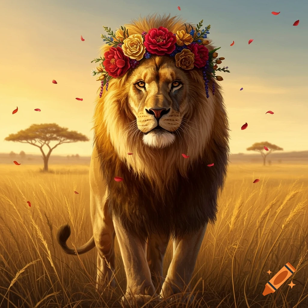 A majestic lion adorned with a vibrant flower crown stands in a golden savanna with falling petals at sunset.