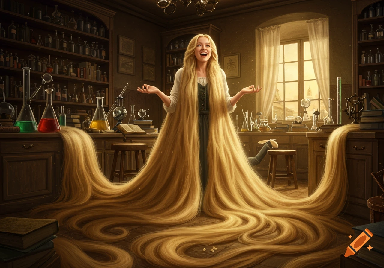 A delighted woman with incredibly long blonde hair that spills across a laboratory floor, filled with beakers and shelves of bottles.