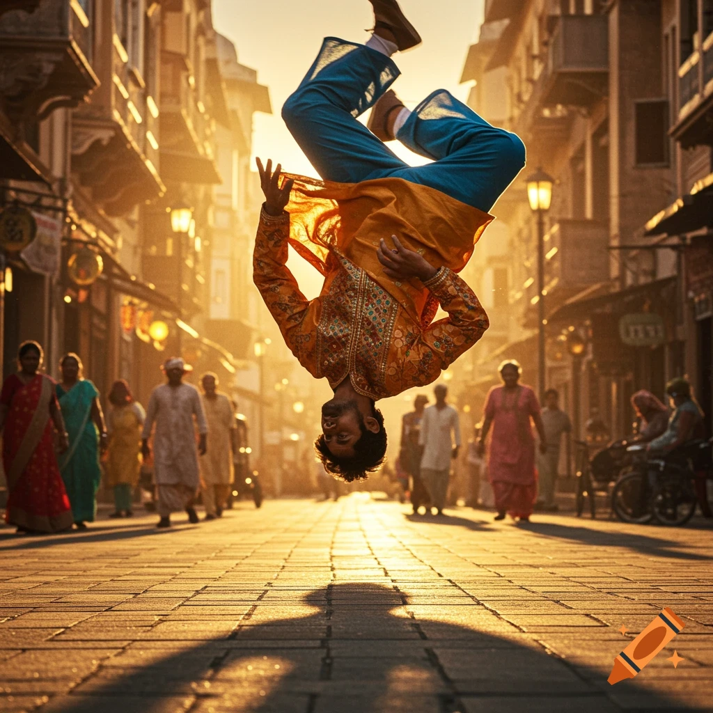 An Indian man in traditional attire performs a backflip on a cobblestone street at sunset.