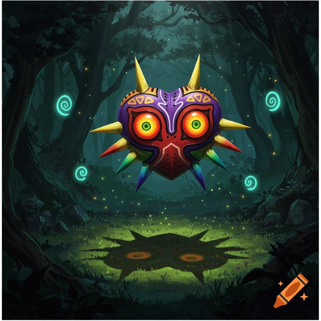 Majora's Mask floats in a dark, mystical forest with glowing green swirls and light rays filtering through trees.