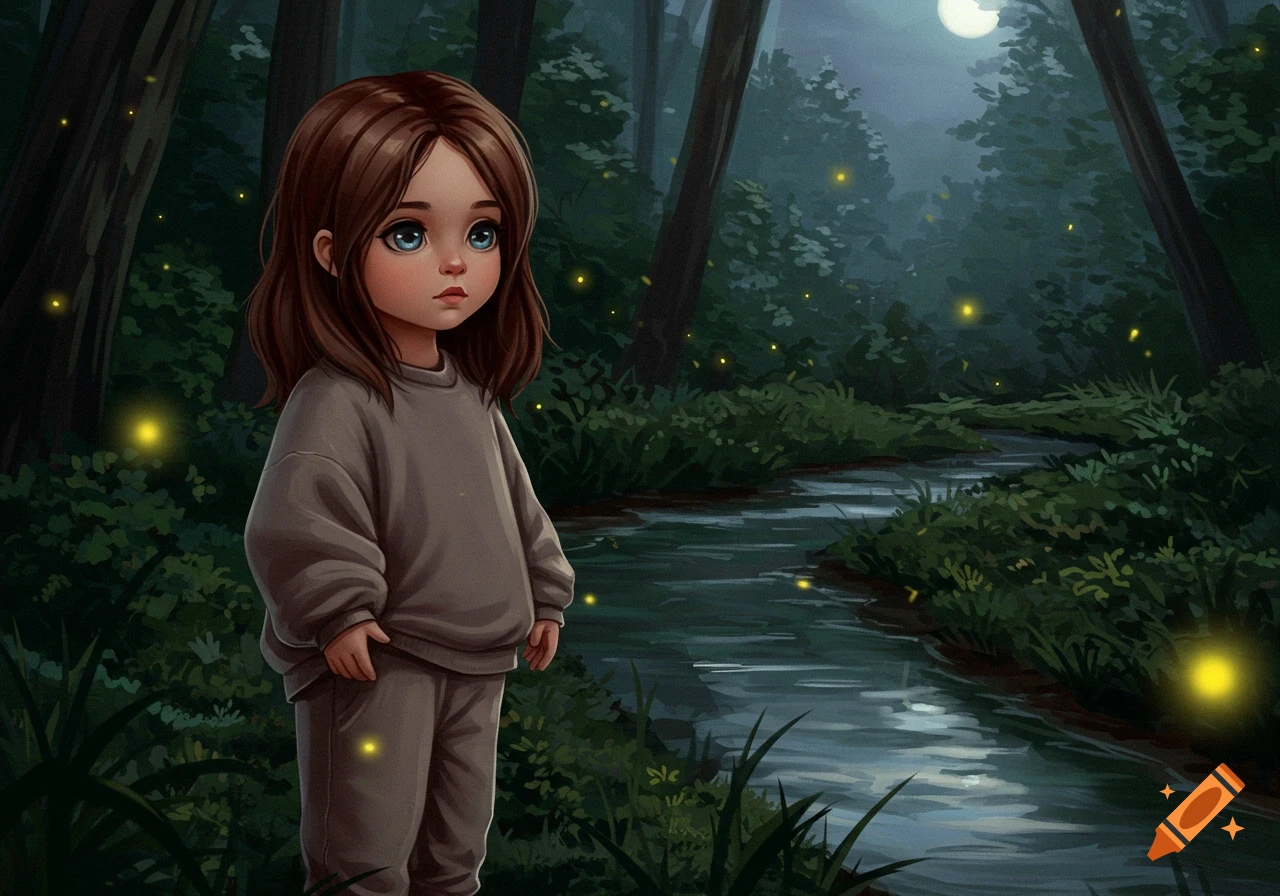 An illustration of a young girl with brown hair and blue eyes standing by a stream in a dark forest lit by fireflies and moonlight.