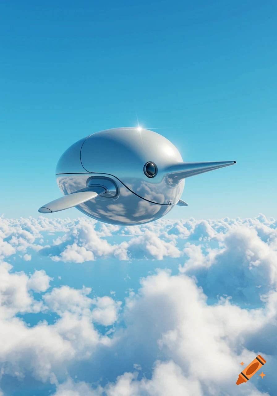 A futuristic, metallic, dolphin-like flying vehicle glides above white clouds against a bright blue sky.