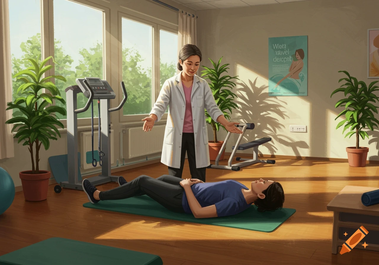 A physiotherapist guides a patient lying on a mat in a brightly lit room with exercise equipment, illustration style.