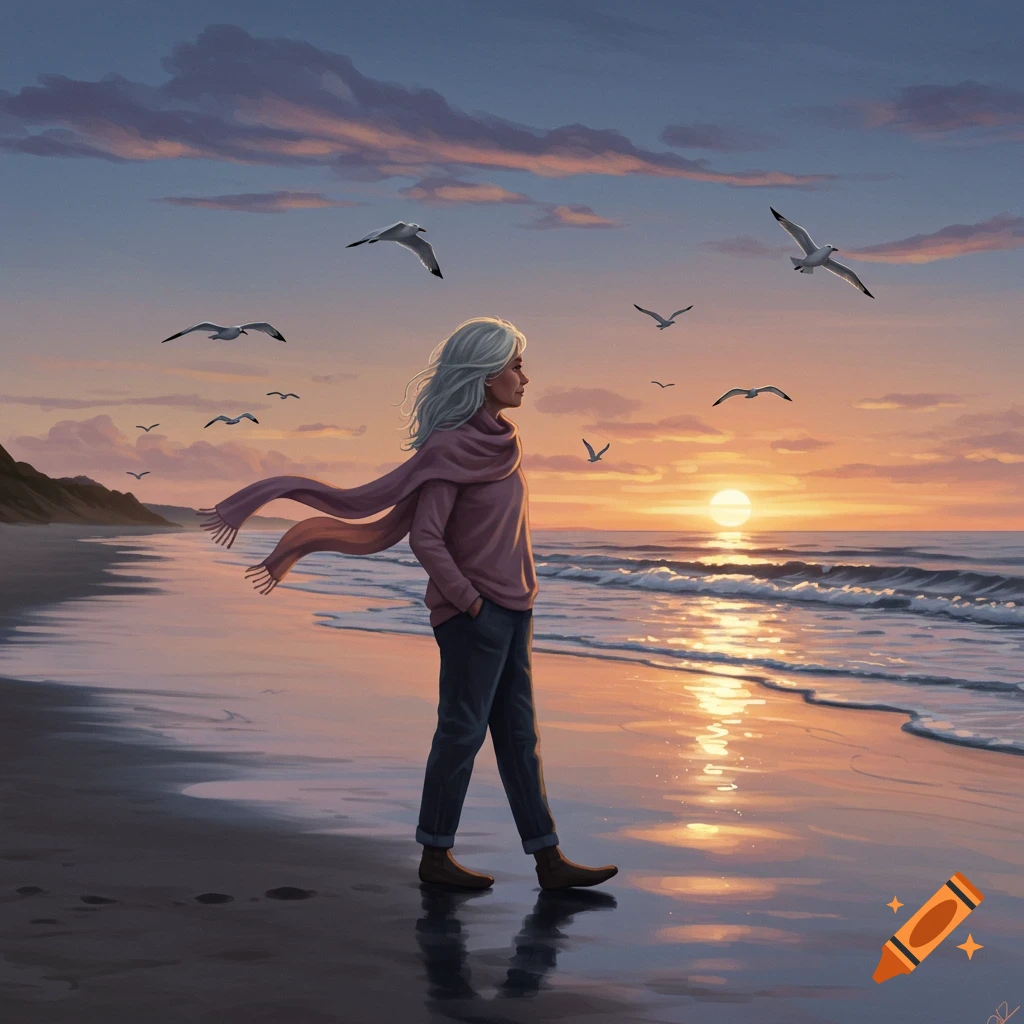 Older woman walks on a beach at sunset with a flowing scarf and seagulls flying overhead, digital painting.