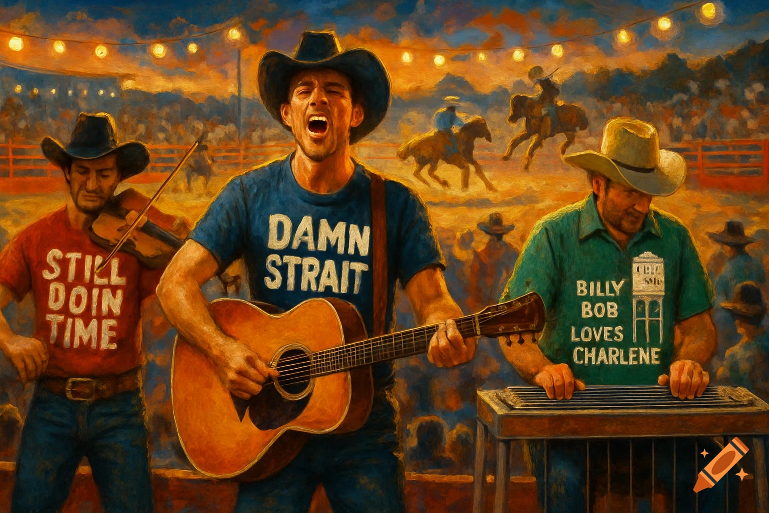 A band plays country music at a rodeo, with a singer, fiddler, and steel guitarist in a painterly style.