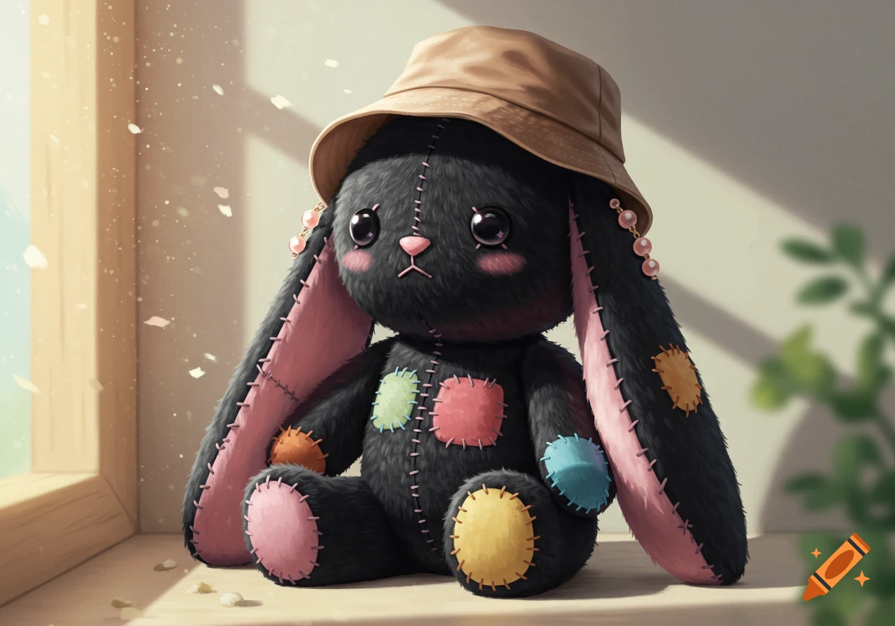 A black rabbit plushy with colorful patches and pink ears, wearing a brown bucket hat and beaded earrings, sitting by a sunny window with falling petals.
