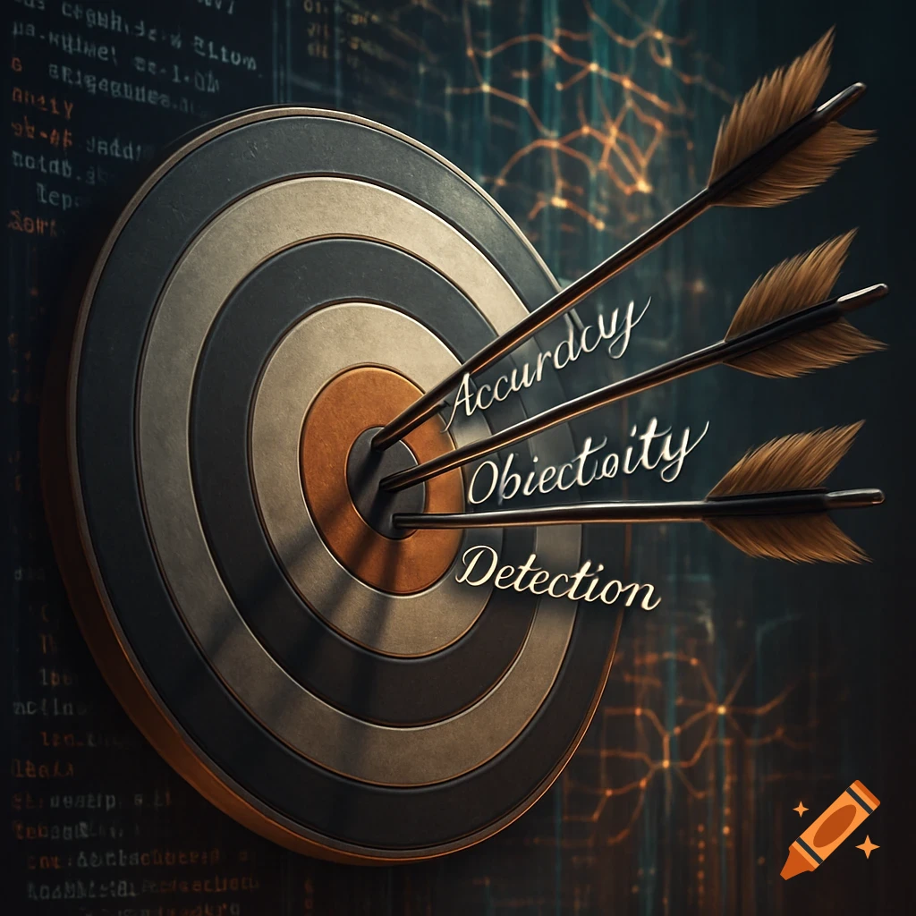 A metallic target board with three arrows hitting the bullseye, labeled "Accurday", "Obiectoity", and "Detection", against an abstract background of glowing data lines and code.