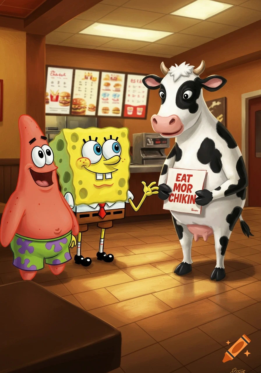 SpongeBob and Patrick stand in a fast food restaurant, looking at a cow holding a sign that reads "EAT MOR CHIKIN".